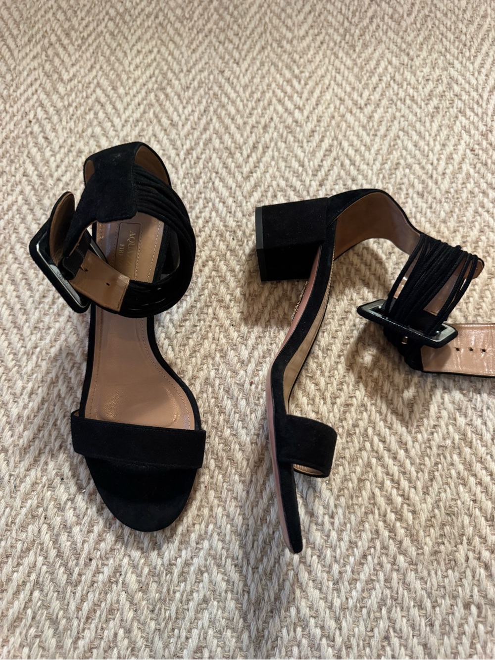 AQUAZZURA Black Suede Block Heel Sandals with Ankle Strap | Size 37